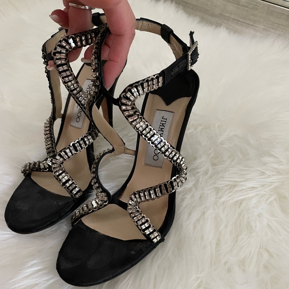 Jimmy Choo Black Satin Crystal Embellished Slingback Open Toe Sandals Size 38.5